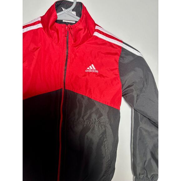 Adidas Kids Track Jacket Size 5 Red Black 3-Stripes Full Zip Lightweight - Picture 2 of 6